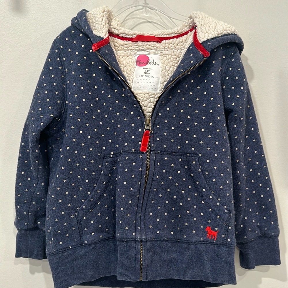 Mini Boden Sherpa Lined Hoodie navy blue gold dot Spot 7-8